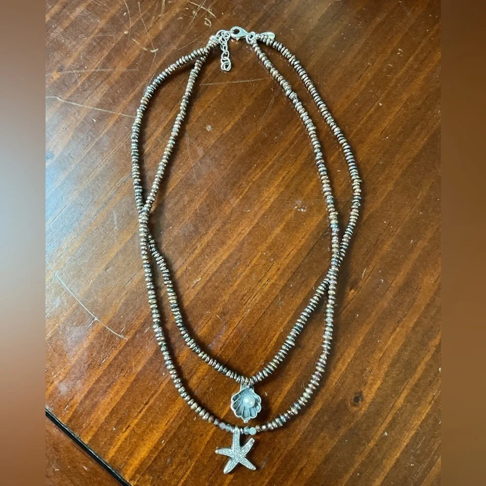 Sterling Silver Brown Keishi Pearl CZ Starfish Seashell Double Strand Necklace